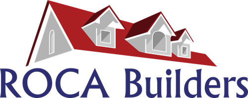 a logo for roca builders with three houses and a red roof