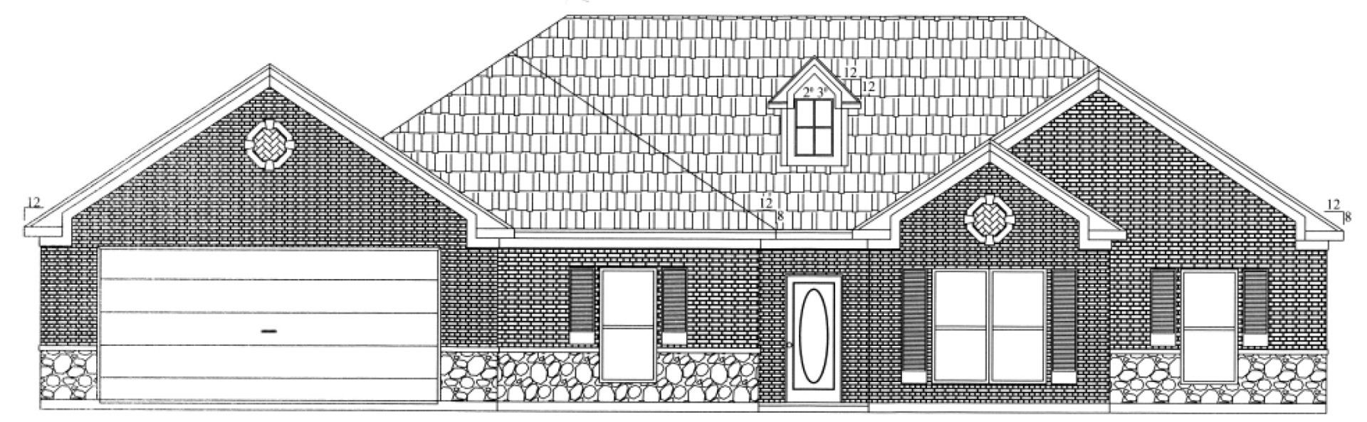 a black and white drawing of a brick house with a garage .