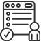 A black and white icon of a website with a check mark and a person.
