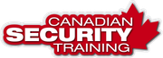 A logo for canadian security training with a maple leaf in the background