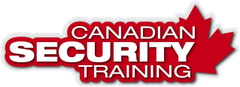 A logo for canadian security training with a maple leaf in the background