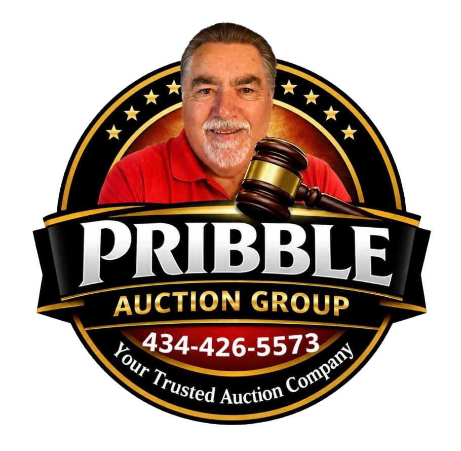 Logo for Pribble Auction Group featuring a person, a gavel, and the phone number 434-426-5573 on a black and gold badge.