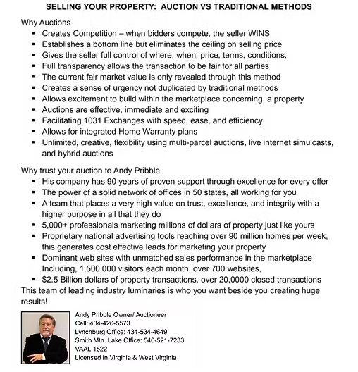 Real estate advertisement comparing auction vs. traditional methods. Includes photo of Andy Pribble.