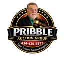 Logo for Pribble Auction Group featuring a person, a gavel, and the phone number 434-426-5573 on a black and gold badge.