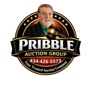 Logo for Pribble Auction Group: Man and gavel, blue and white text.
