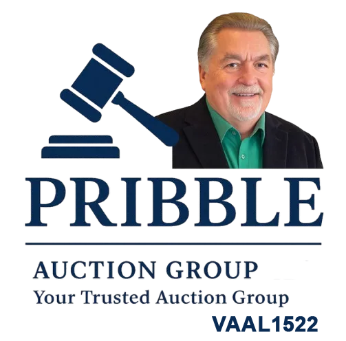 Logo for Pribble Auction Group: Man and gavel, blue and white text.