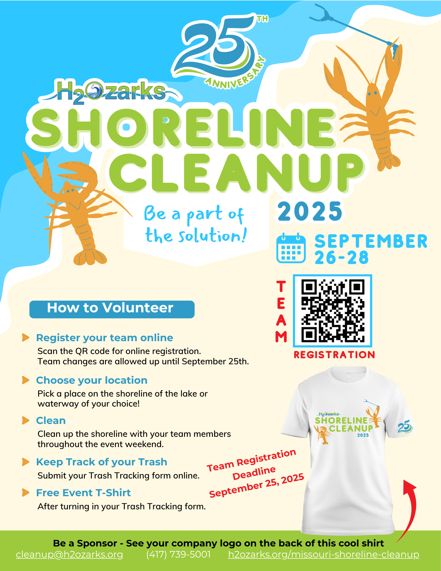 flyer with details about team registration for the 2025 shoreline cleanup. Click to access registration with more details. 