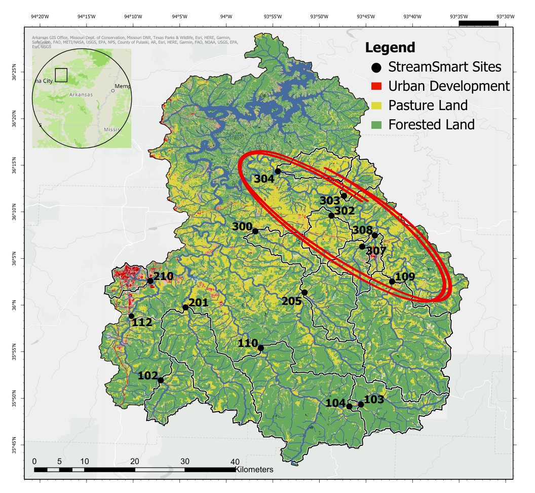 map of the beaver lake watershed with dots marking streamsmart monitoring sites, circle around six sites on war eagle creek
