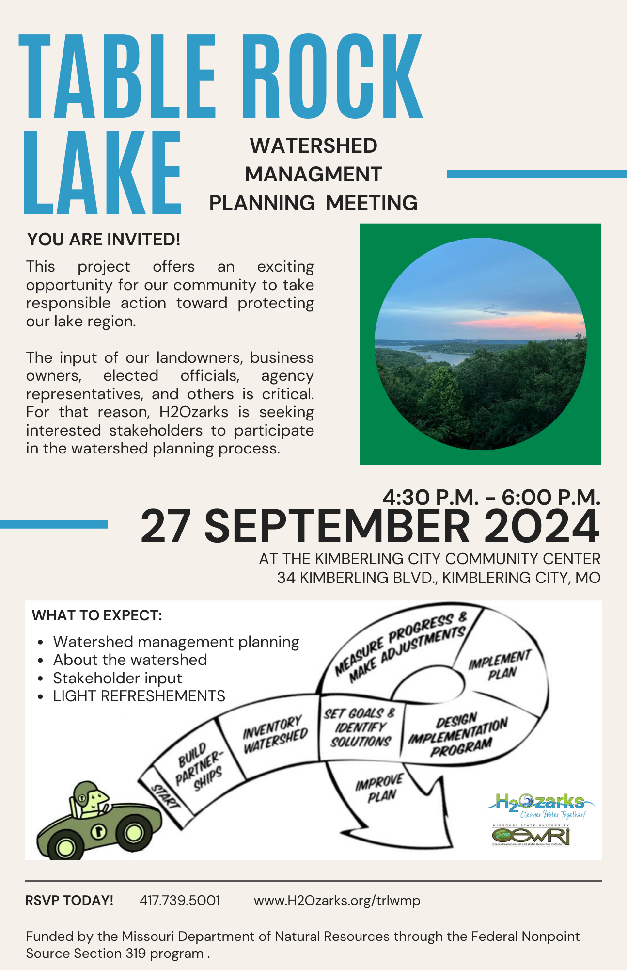 A poster for a table rock lake watershed management meeting on september 27 , 2024.