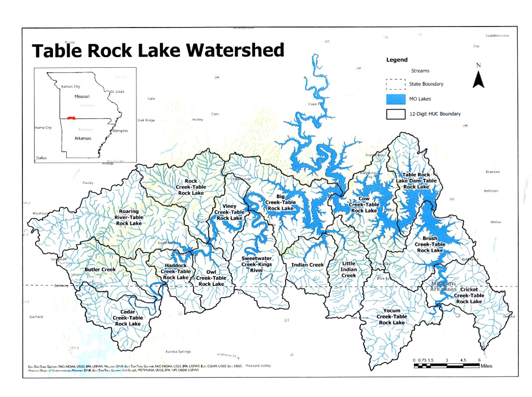 a map of the table rock lake watershed and  project area