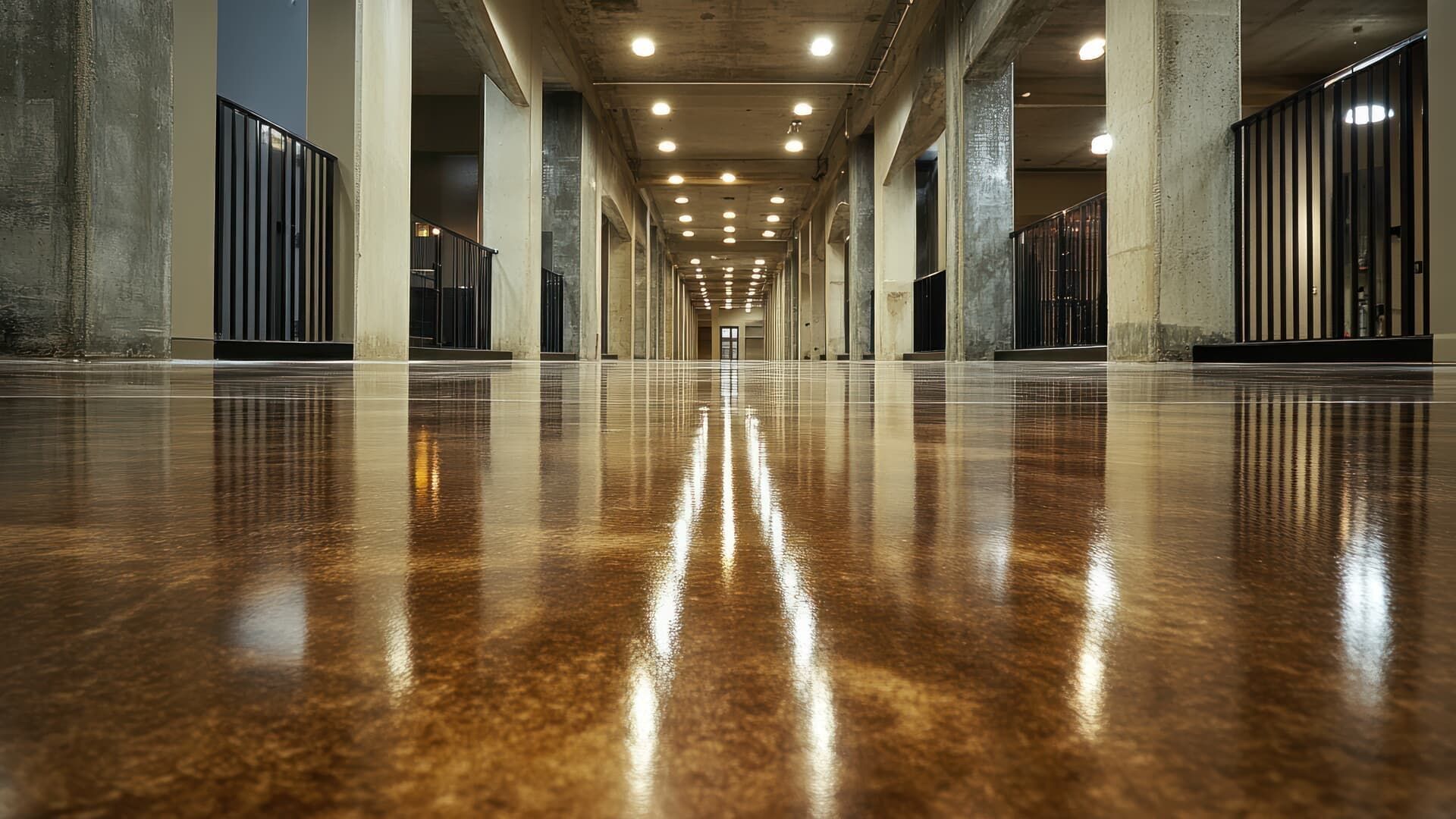 Long hallway with shiny, brown floor reflecting lights and pillars. Black railings line walls.