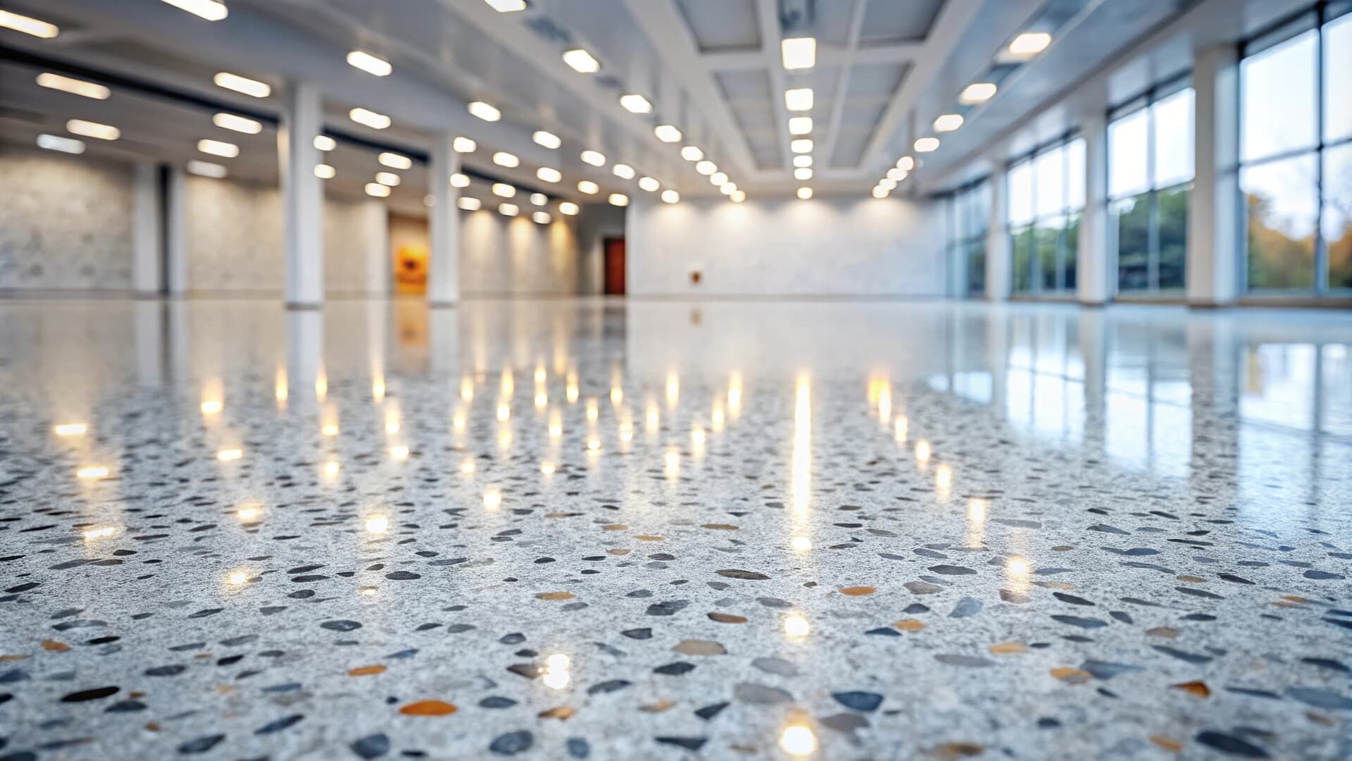 Polished concrete floor reflecting ceiling lights in a large, open room with windows.