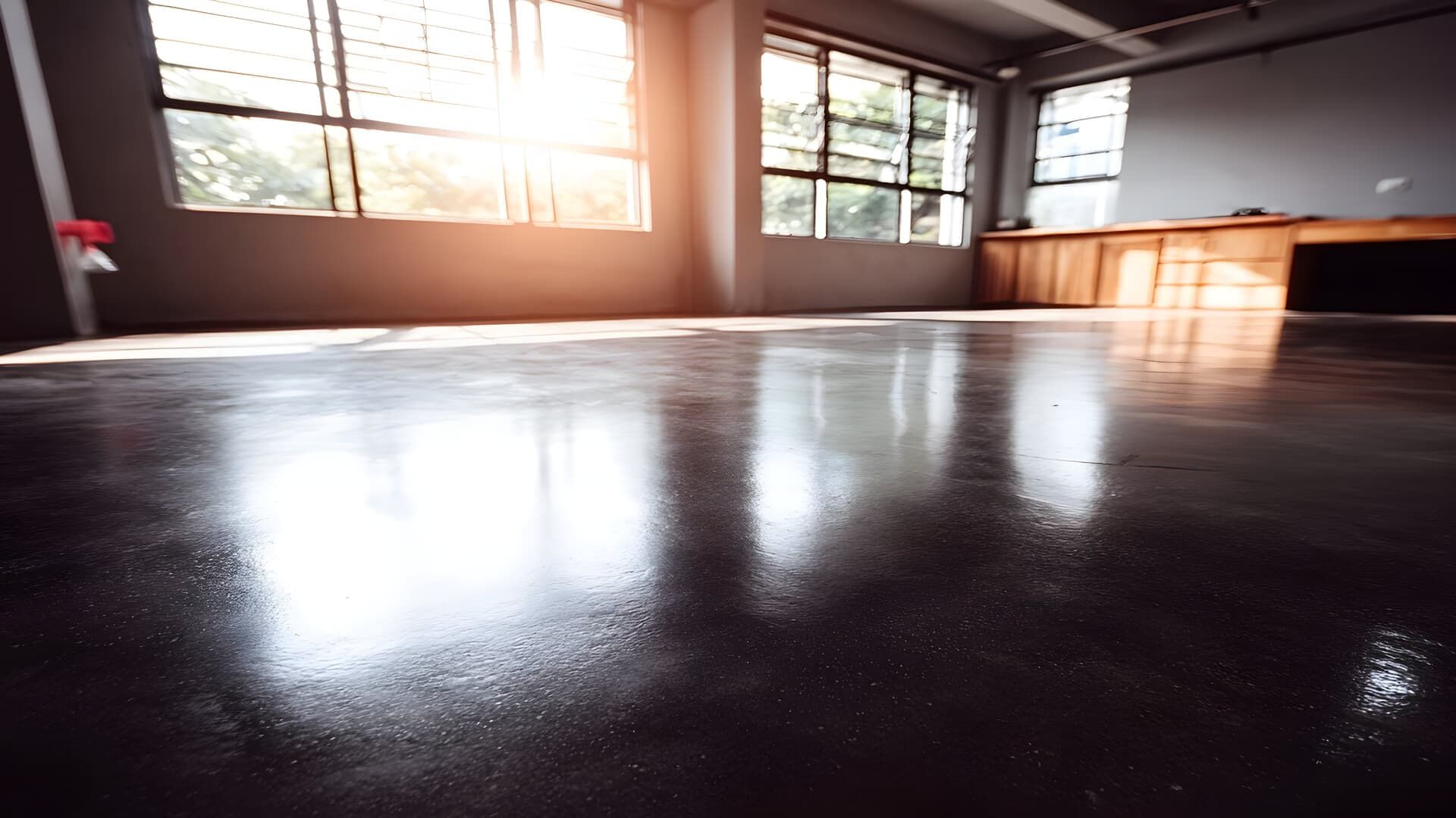 Shiny, dark gray concrete floor reflecting sunlight from windows in an empty room.
