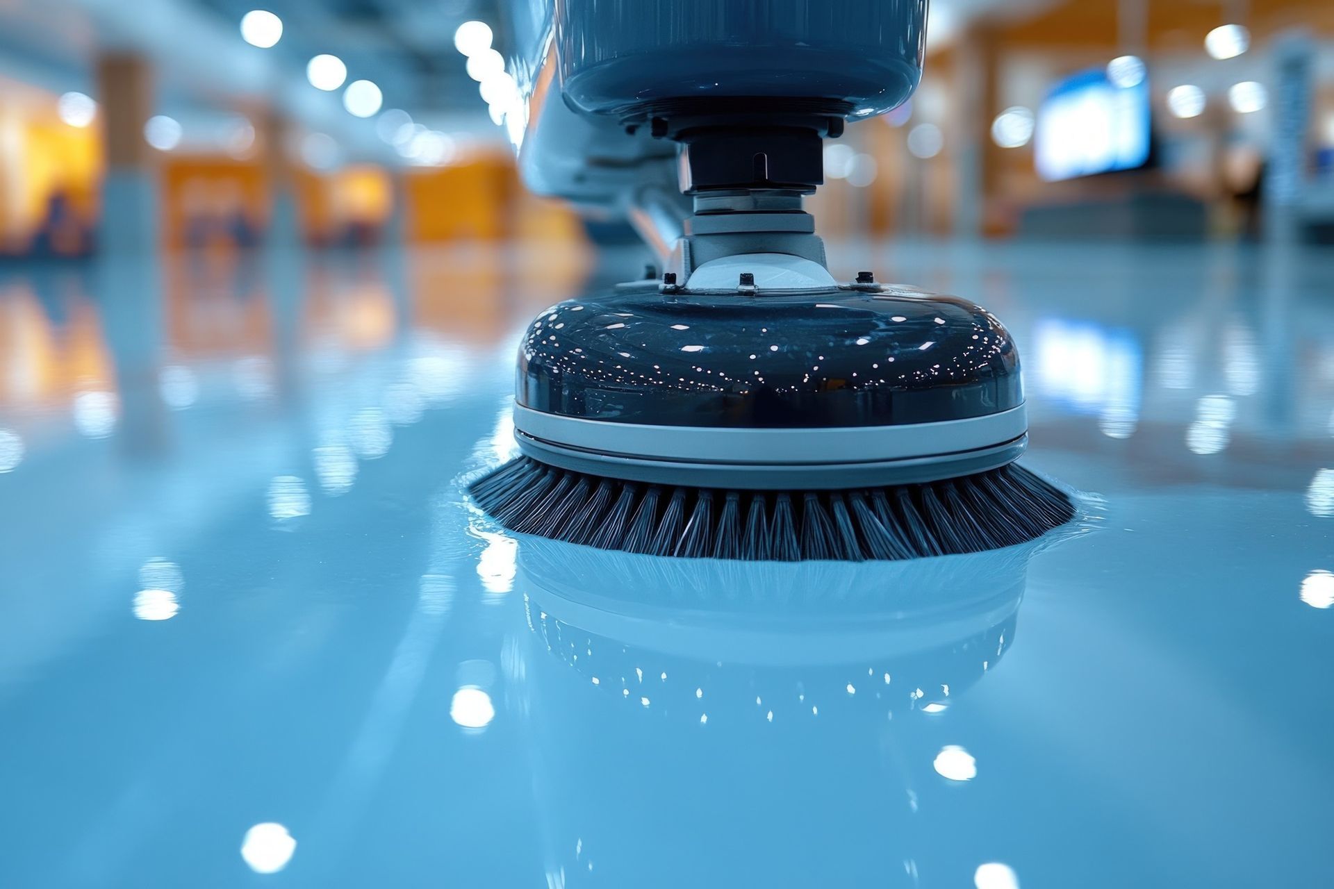 A floor cleaning machine with a rotating brush, reflecting light on a shiny, light blue floor.