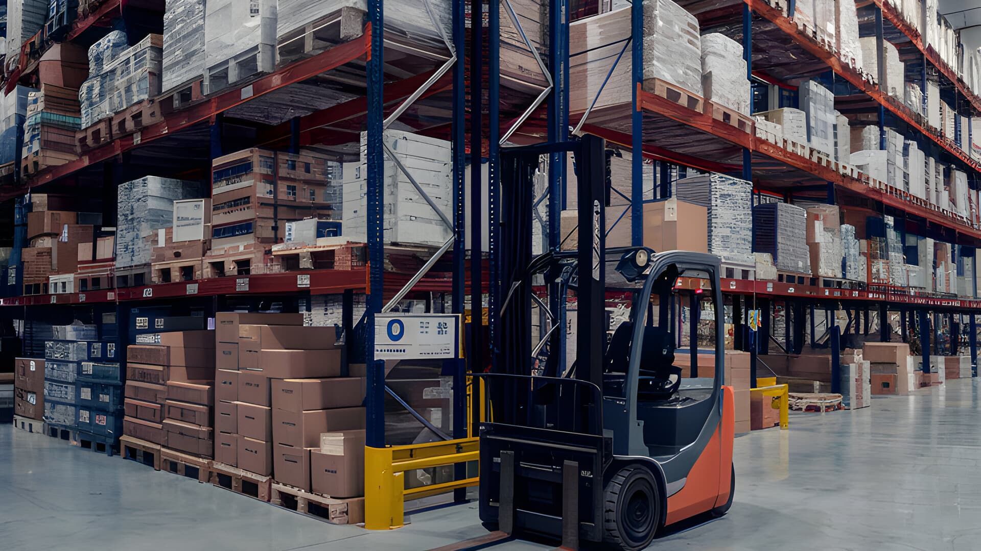 Forklift in a warehouse with stacked boxes on shelves.