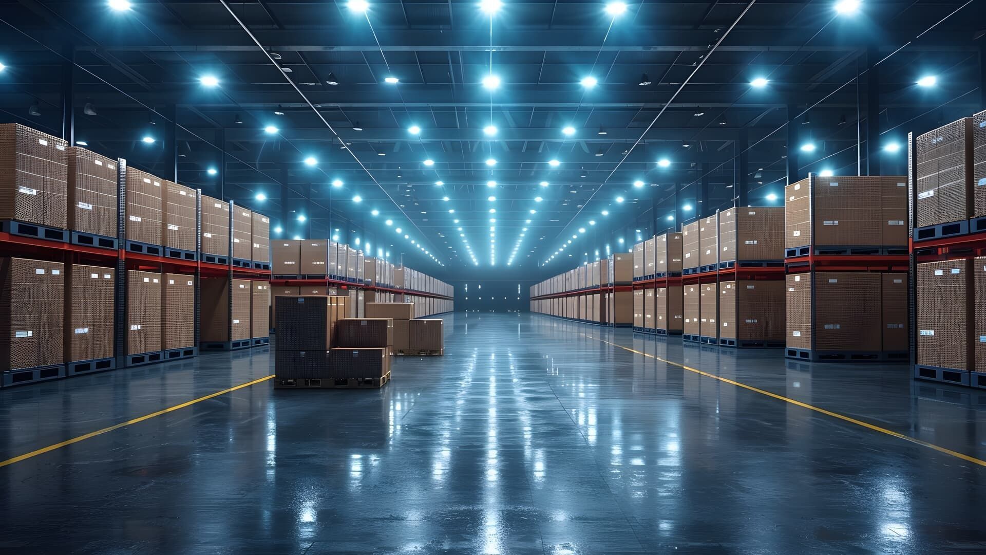 Warehouse interior, rows of stacked boxes on shelves under bright overhead lights.