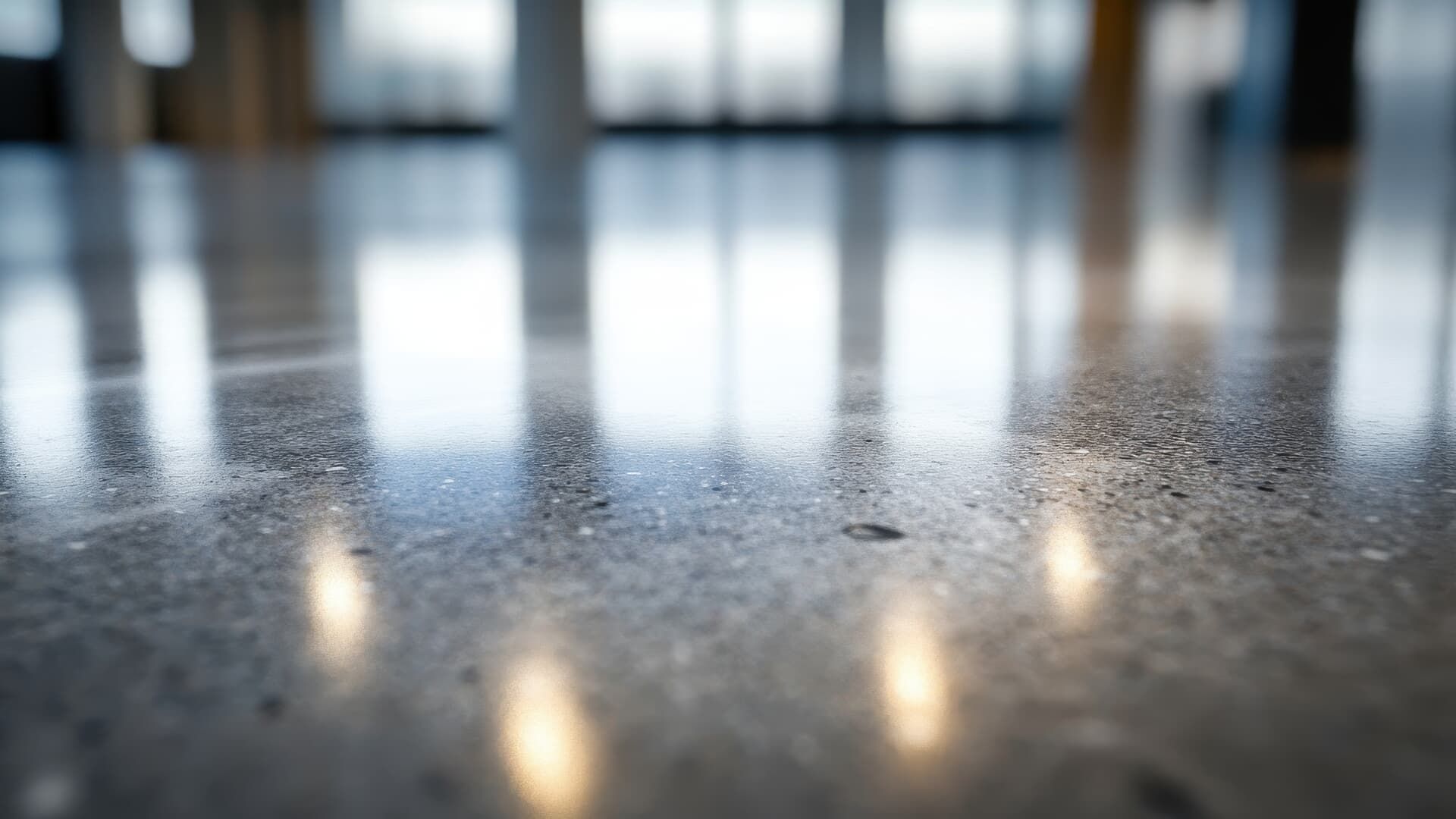 Polished concrete floor reflecting interior lights and a window.