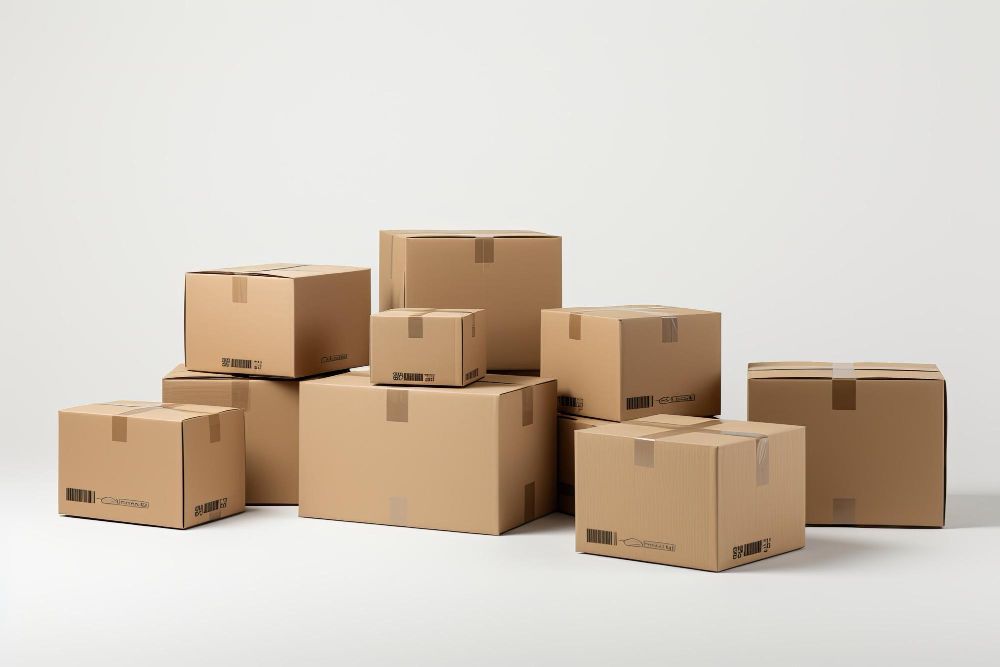 a group of cardboard boxes are stacked on top of each other on a white surface .