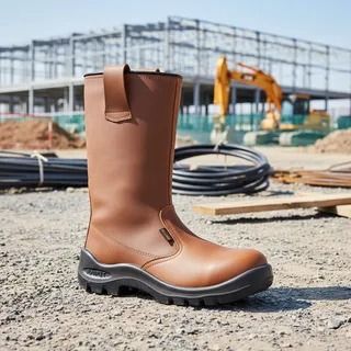 Bota de trabajo marrón en un sitio de construcción con una excavadora amarilla y un edificio al fondo.