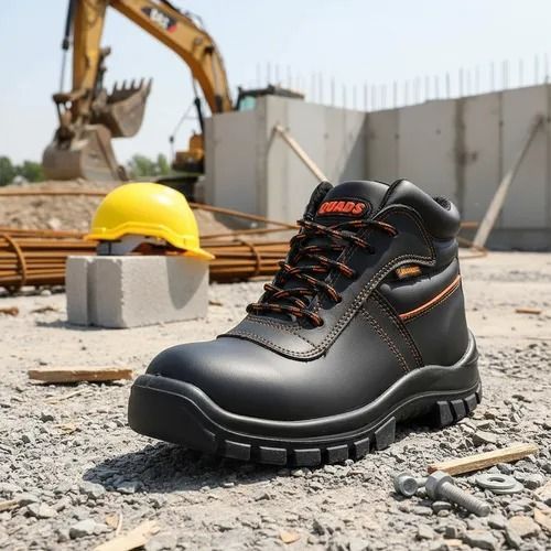 Bota de trabajo negra en un sitio de construcción con un casco amarillo y maquinaria pesada en el fondo.