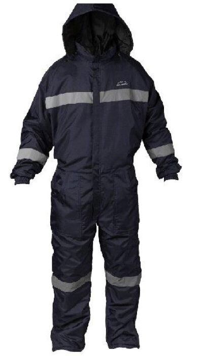 Mono de trabajo aislante de color azul marino con bandas reflectantes y capucha.