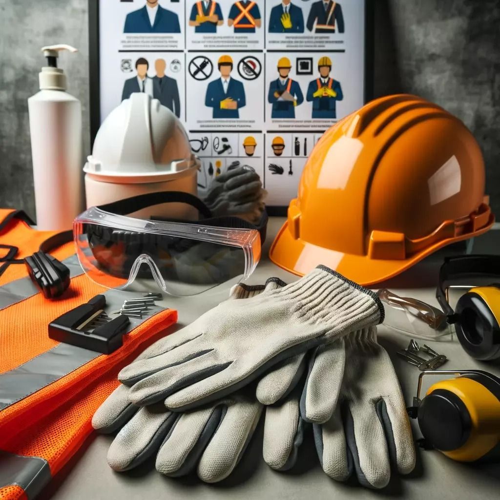 El equipo de seguridad, que incluye cascos, guantes, gafas protectoras y un chaleco, se muestra delante de un cartel de seguridad.