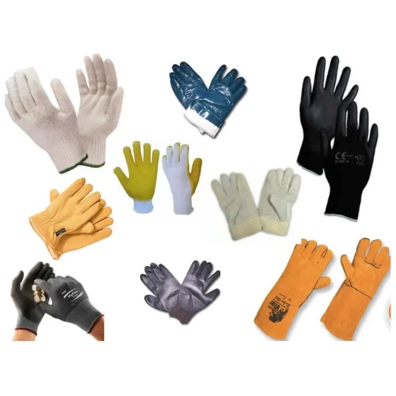 Surtido de guantes de trabajo en varios colores y materiales, expuestos muy juntos.