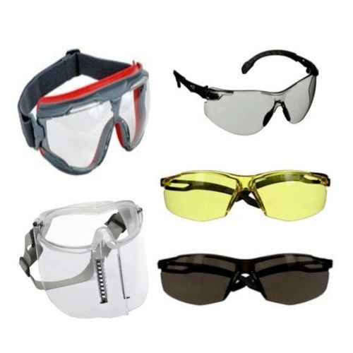 Gafas y antiparras de seguridad en varios estilos: lentes transparentes, amarillos y tintados.