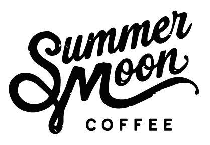 A black and white logo for summer moon coffee on a white background.