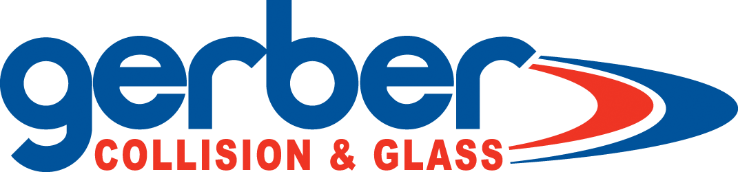The gerber collision and glass logo is blue and red