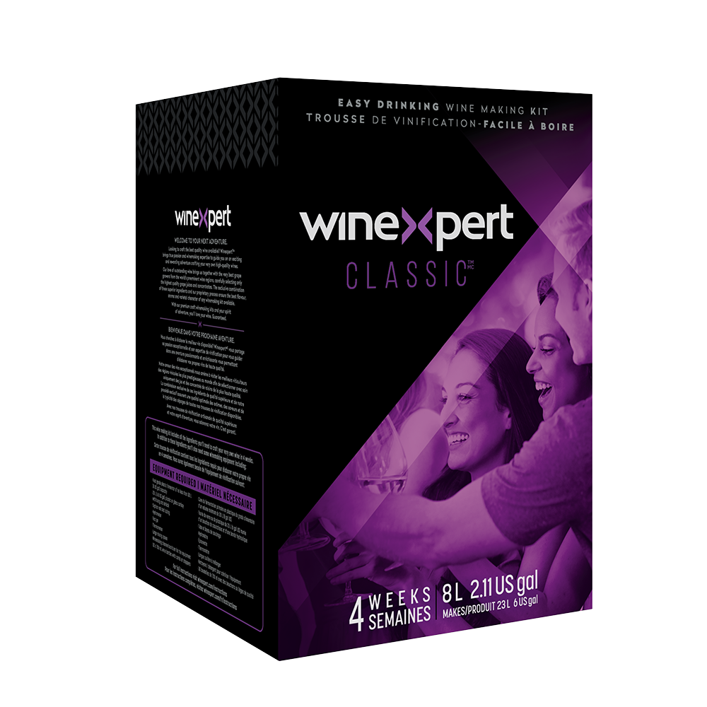 Winexpert Classic wine making kit, black box with purple accents, smiling people.
