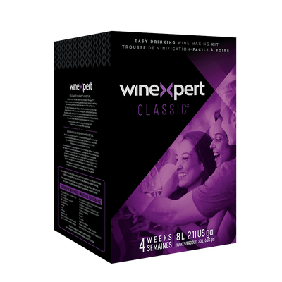 Winexpert Classic wine making kit, black box with purple accents, smiling people.
