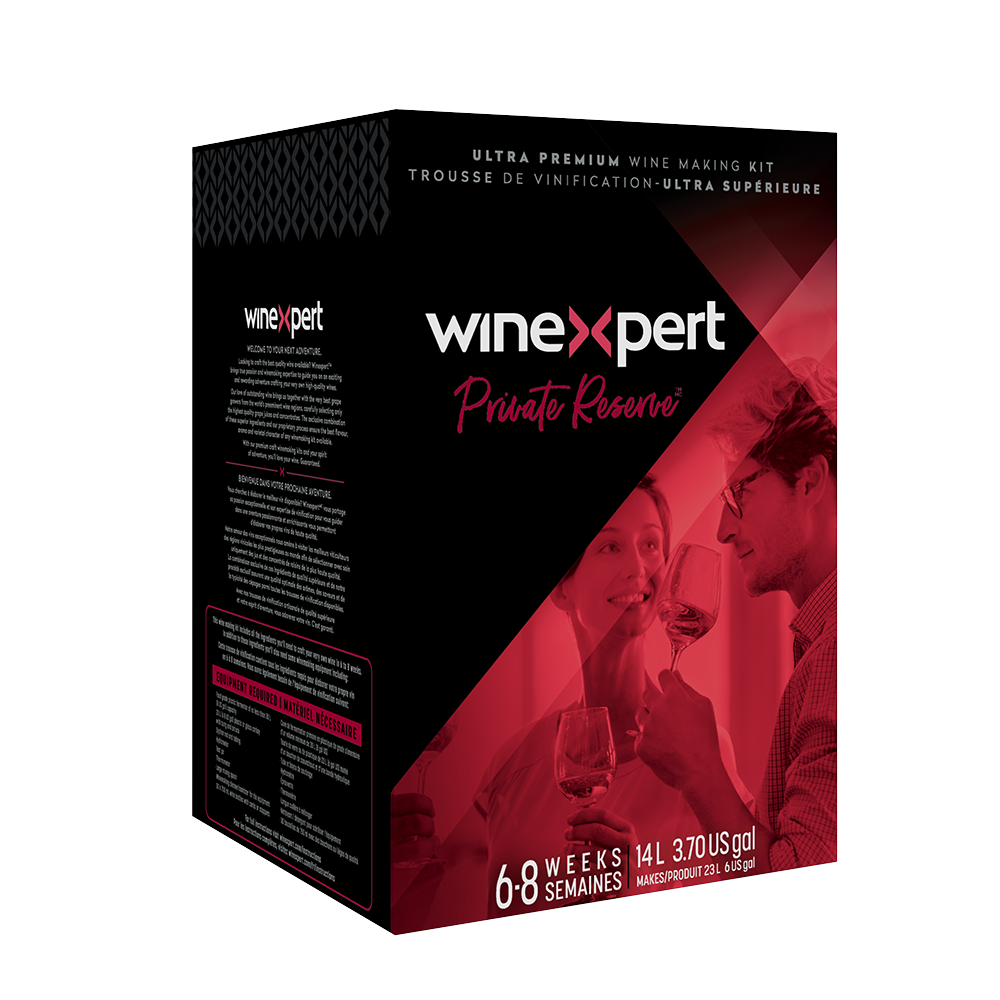 Wine making kit box, black and red with couple tasting wine, product branding.