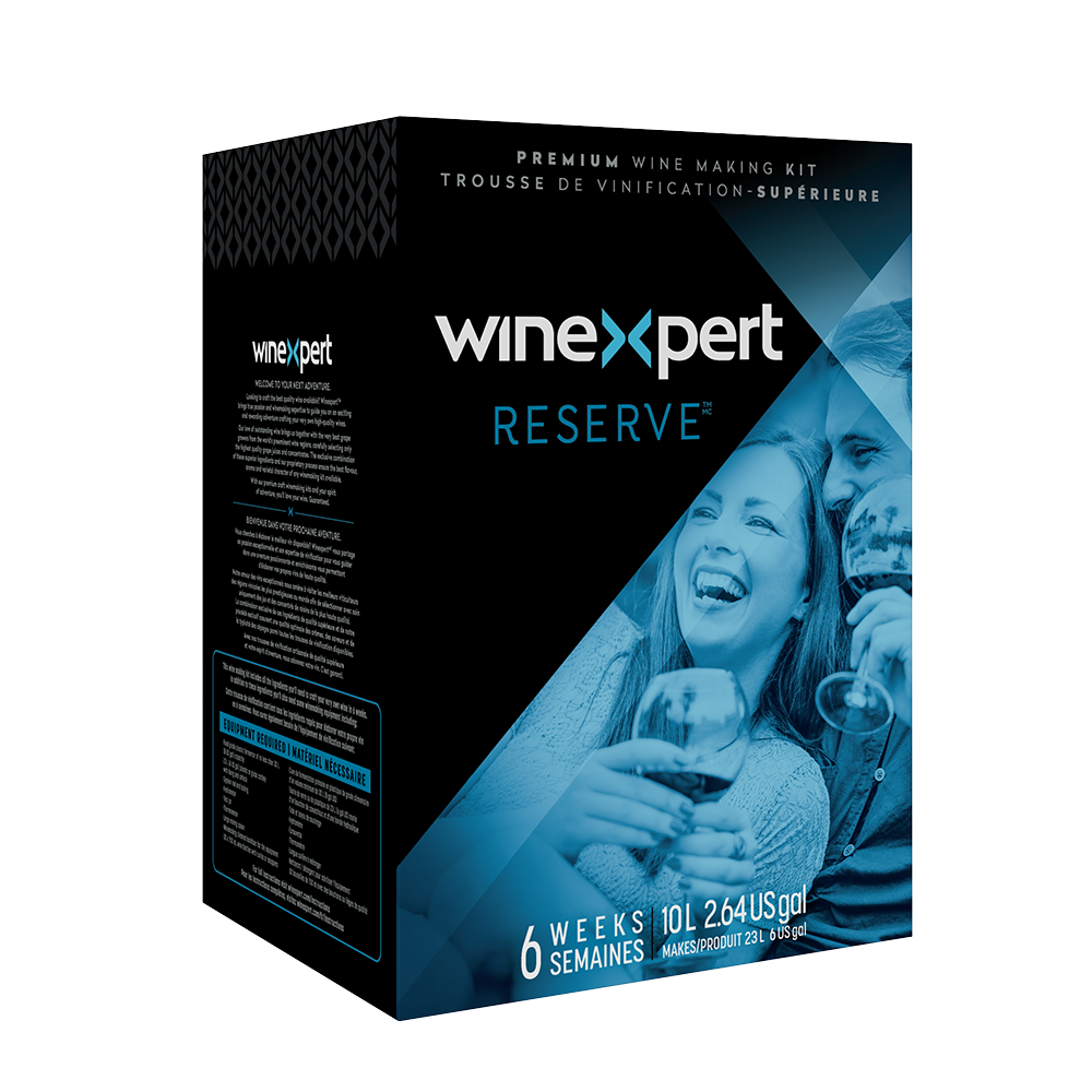 Wine Expert Reserve wine making kit box with smiling people drinking wine; blue and black.