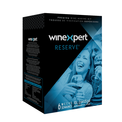 Wine Expert Reserve wine making kit box with smiling people drinking wine; blue and black.