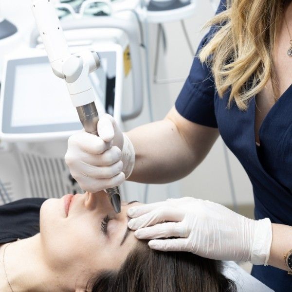 A woman is getting a laser treatment on her face.