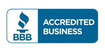Blue Better Business Bureau (BBB) Accredited Business logo featuring the torch icon and the text