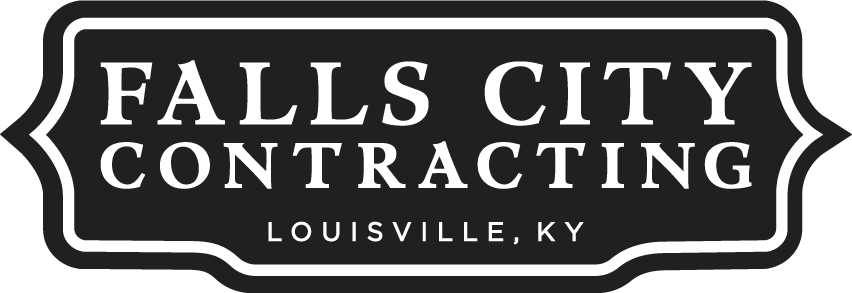 Logo for Falls City Contracting, located in Louisville, KY, with white text on a black, decorative rectangular background.
