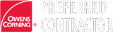 Owens Corning Preferred Contractor logo with red square icon and white text on a dark background.