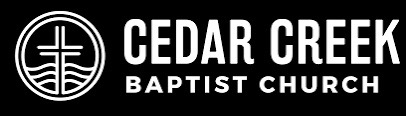 White logo for Cedar Creek Baptist Church featuring a circular icon with a cross above stylized water lines on black.