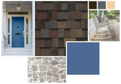 A design mood board featuring a blue door, brown roof shingles, gray stone siding, and a wooden porch with rocking chairs.