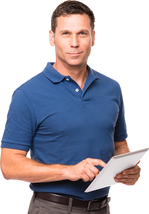 Man in blue polo holding a tablet and smiling against a white background