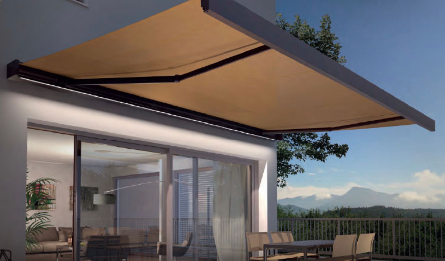 A patio with a canopy over it and a sliding glass door.
