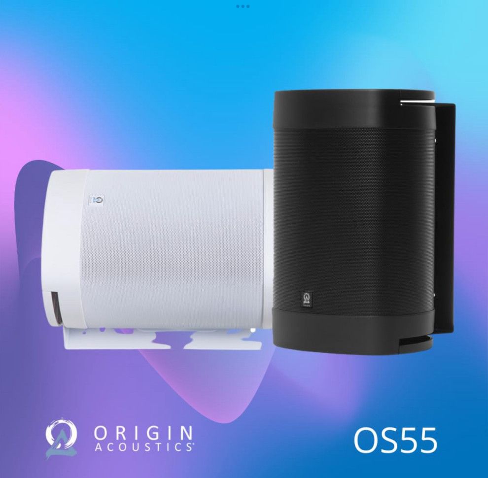 A white and a black speaker with the word origin acoustics on the bottom