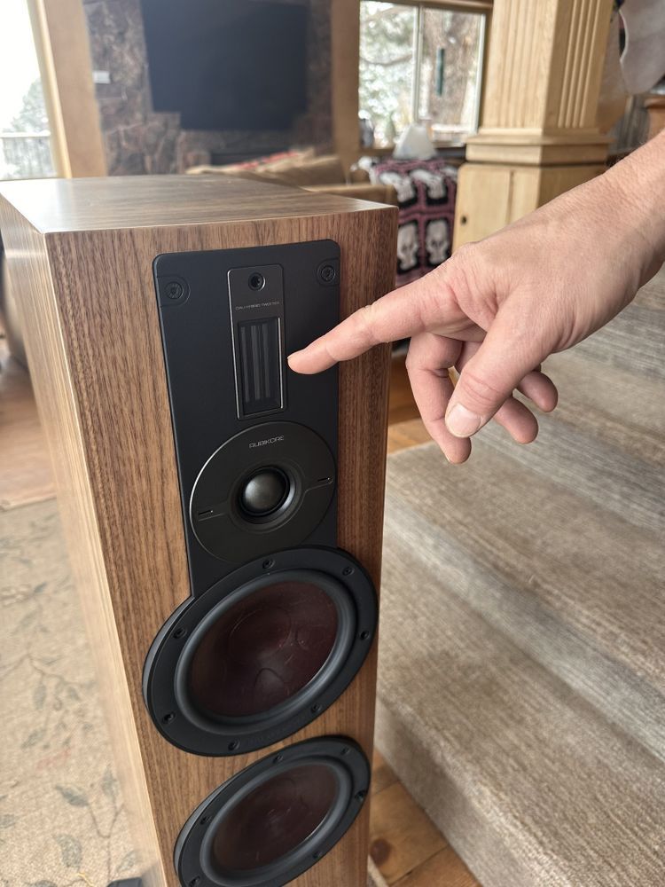 A person is pointing at a speaker with their finger.