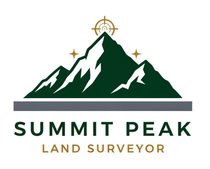 A logo for summit peak land surveyor with a mountain