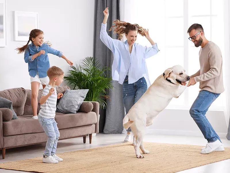 Una familia baila con un perro en el salón.