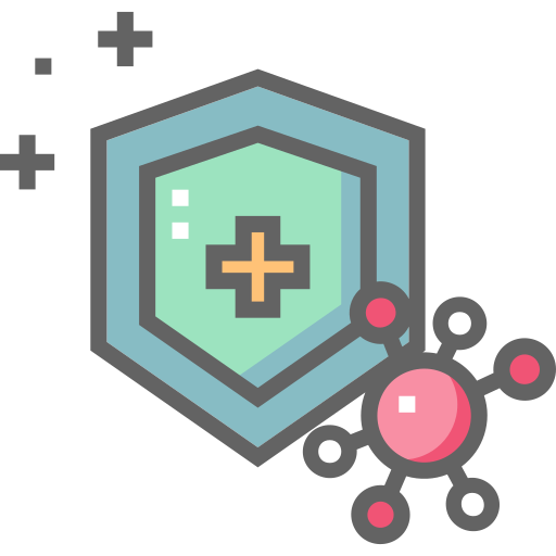 Un escudo con una cruz está rodeado por un virus.