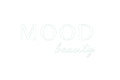 Logo for Mood Beauty, featuring the word "MOOD" above "beauty" in a light green, outlined font.