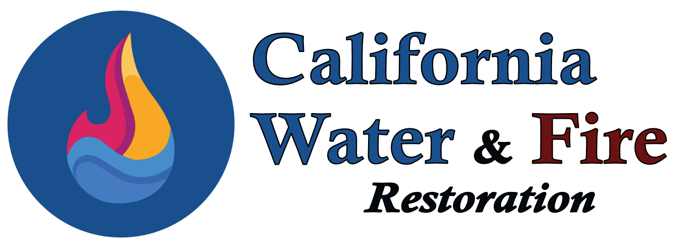 A logo for california water and fire with a flame in the middle.